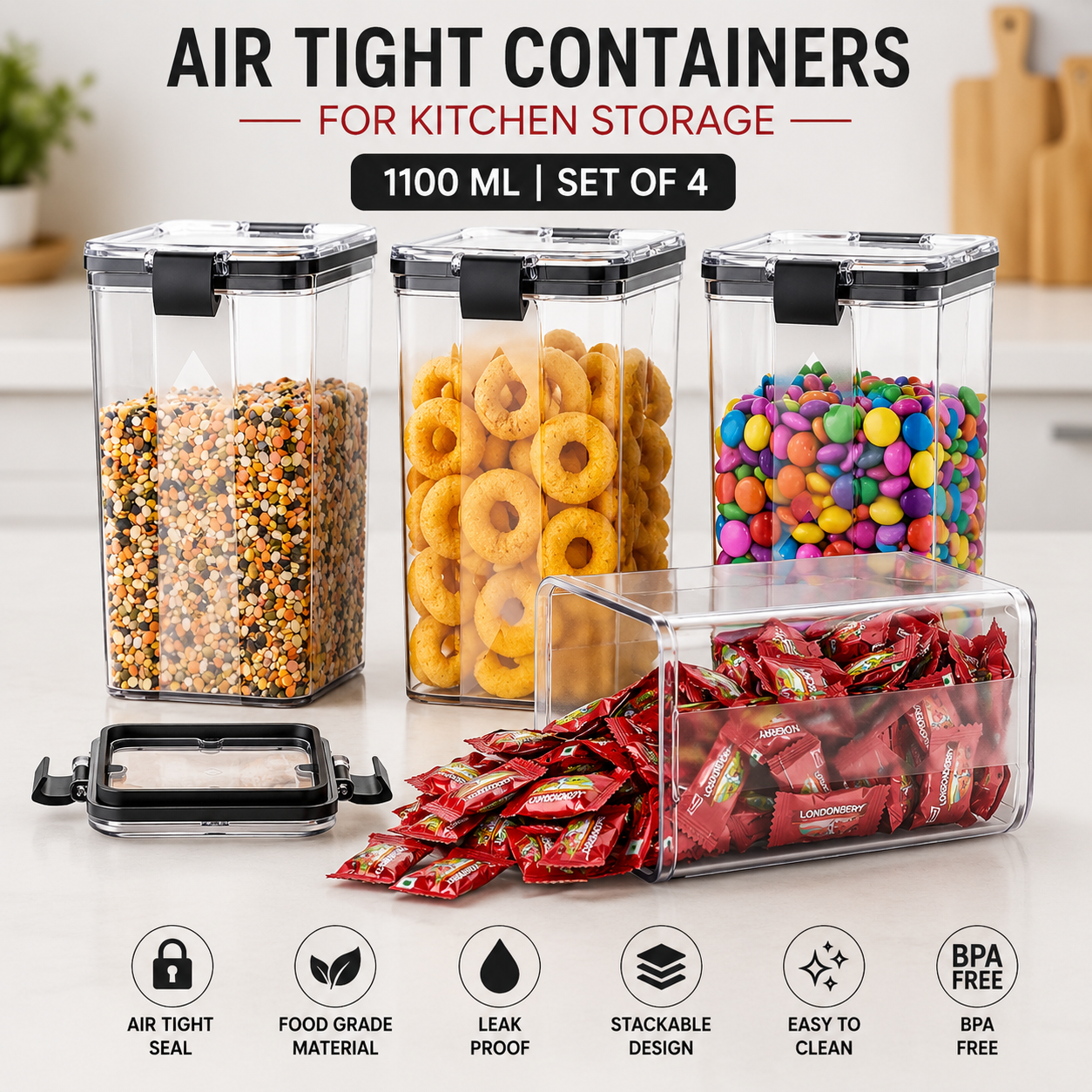 Air Tight Containers For Kitchen Storage Set (1100 ML)